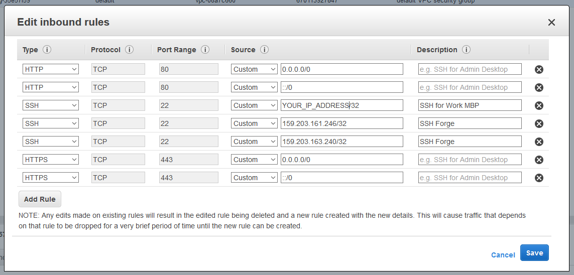 AWS EC2 Security Group inbound rules for Laravel Forge